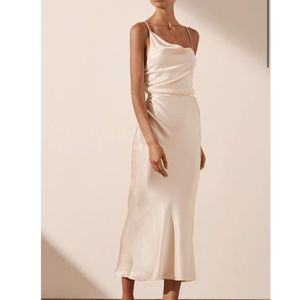 Shona Joy One Shoulder Cowl Midi Dress in Cream